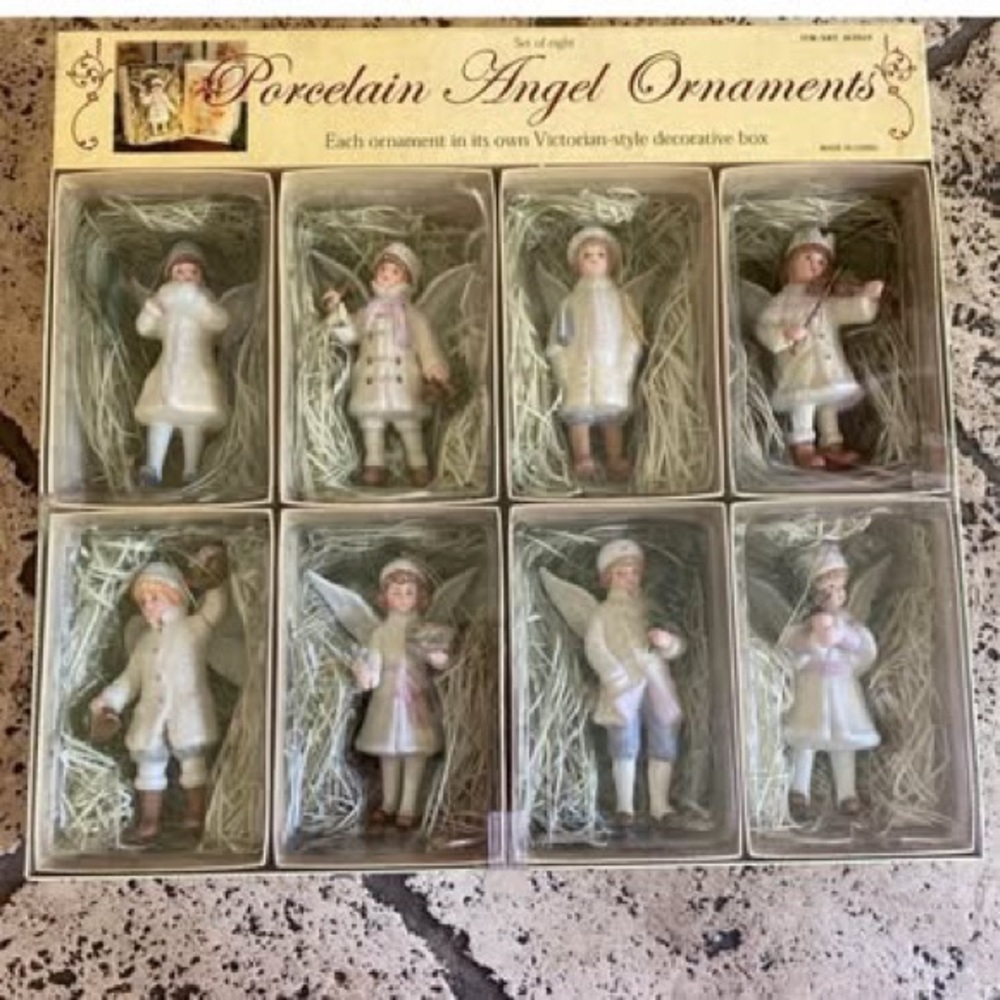 Vintage Porcelain Victorian Style Angel Christmas Ornaments Set Of 8 W/Boxes